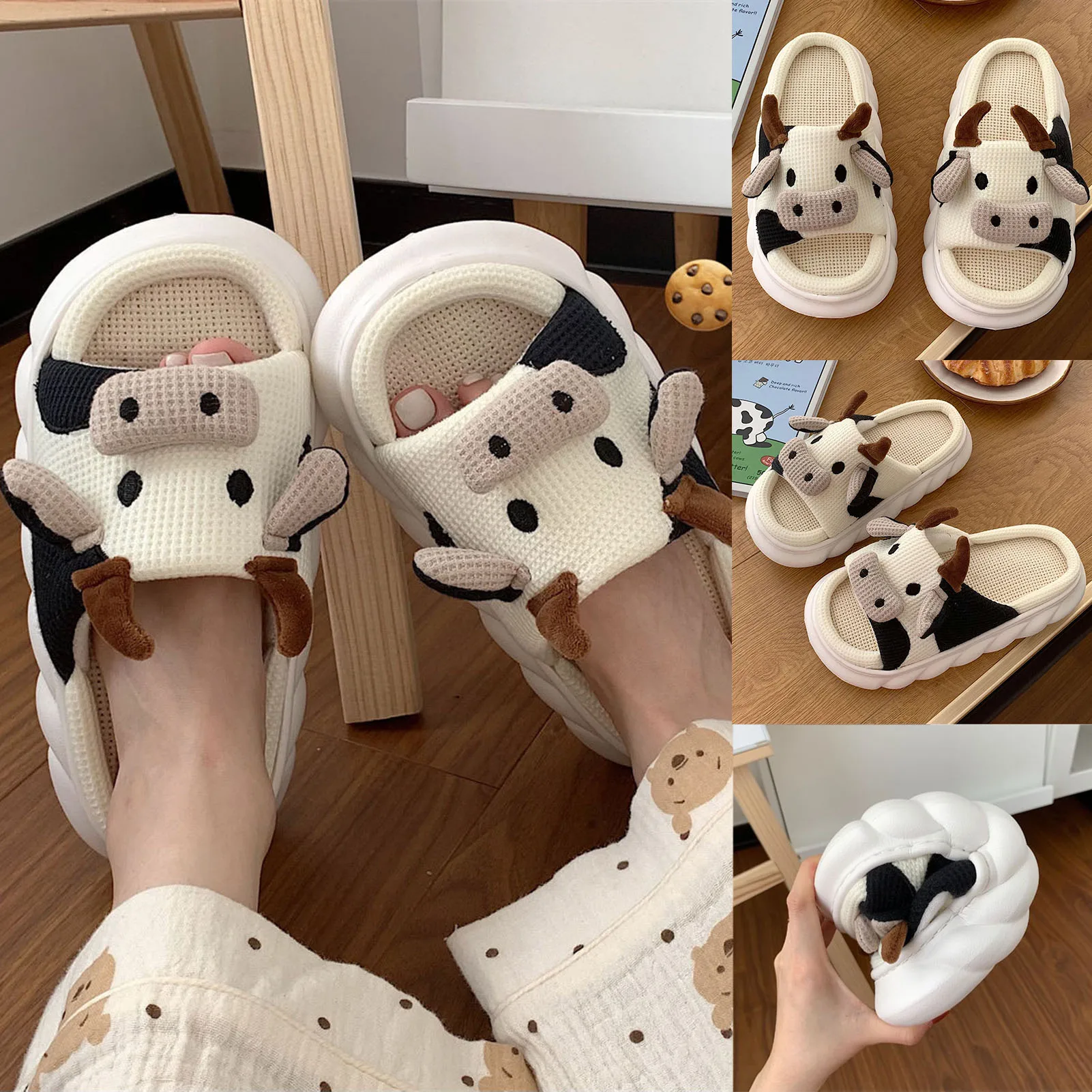Women Indoor Platform Slippers Cute Soft Cotton Linen Dairy Cow Slippers