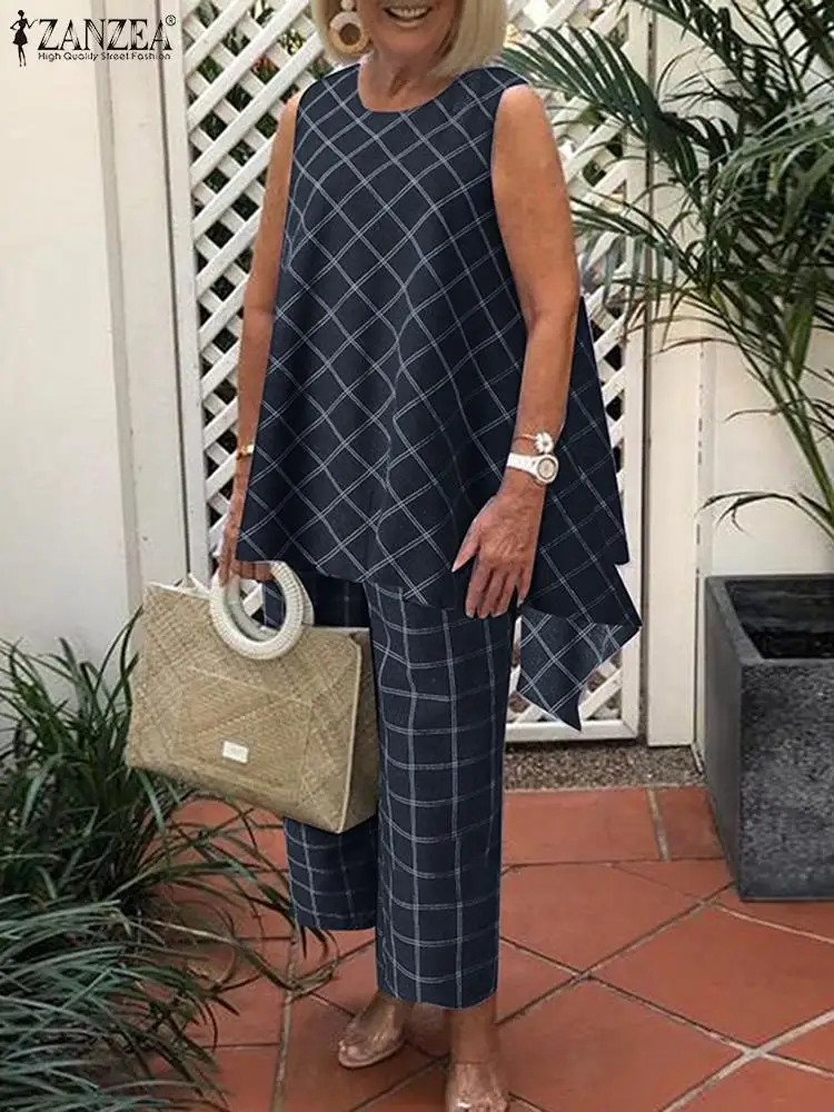 

2PCS Summer Plaid Checked Pant Sets ZANZEA Fashion Urban Tracksuit Elegant Work OL Matching Sets Casual Sleeveless Blouse Suits
