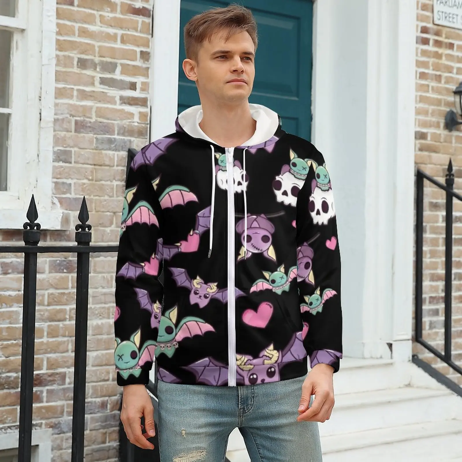 

Goth Bat Hoodies Cute Skull Print Warm Polyester Hoodie Streetwear Zip Up Hoodie For Man Plus Size 5XL