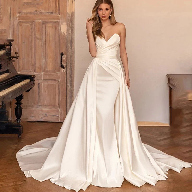 

QUEEN Elegant Satin Mermaid Wedding Dress Detachable Train Off Shoulder 2023 Bridal Gown Sexy V-Neck Wedding Gown Custom Made