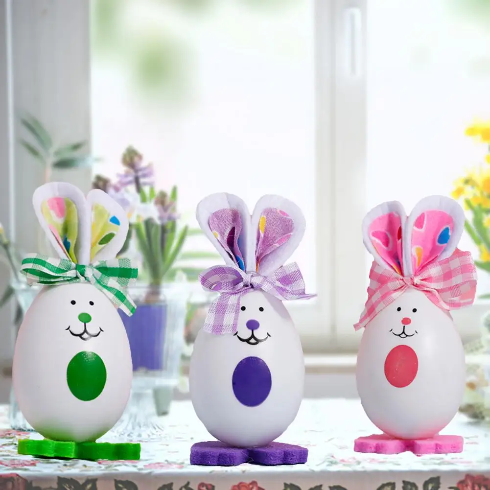 

3Pcs Easter Egg Ornaments Rabbit Shape Handmade Printed Decor Long Lasting Handicraft Bunny Egg Figurine Decoration for Party