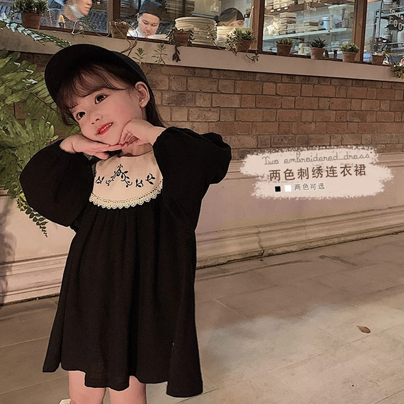 Вышитые платья с длинным рукавом и кукольным воротником для девочек однотонные