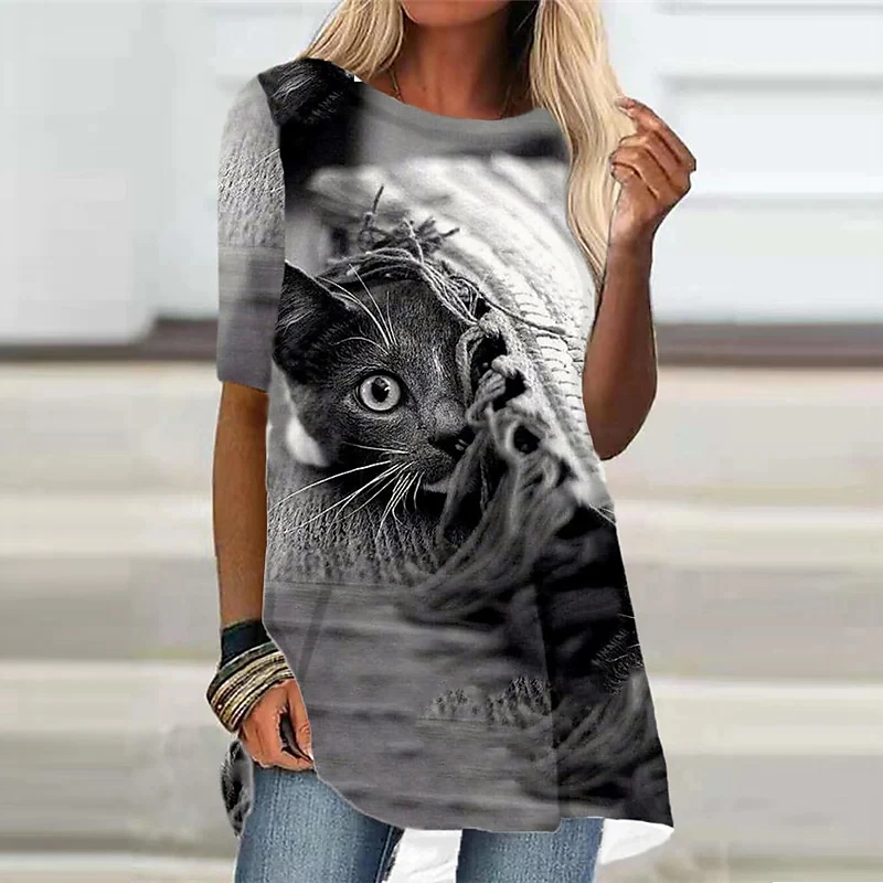 

Women's T-Shirt with Grey Short Sleeve Cat Animal Print Top Spring Summer Round Neck Fashion Casual Modern T-Shirt 2022