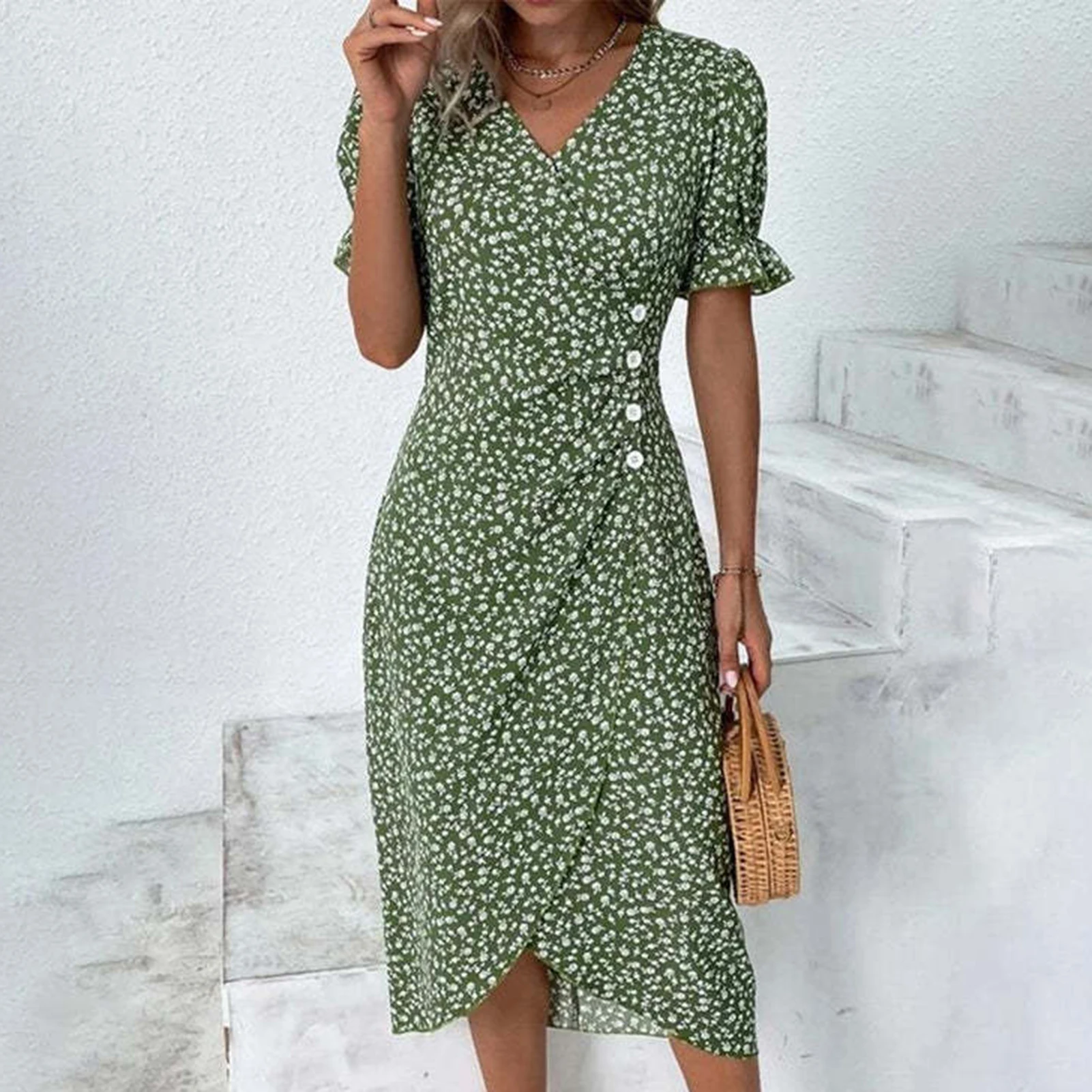 

Casual Boho Derss Women Midi Dress V-Neck Floral Summer Dresses Short Sleeve Hi-Low Hem Split Long Dress A-Line Dresses 2023