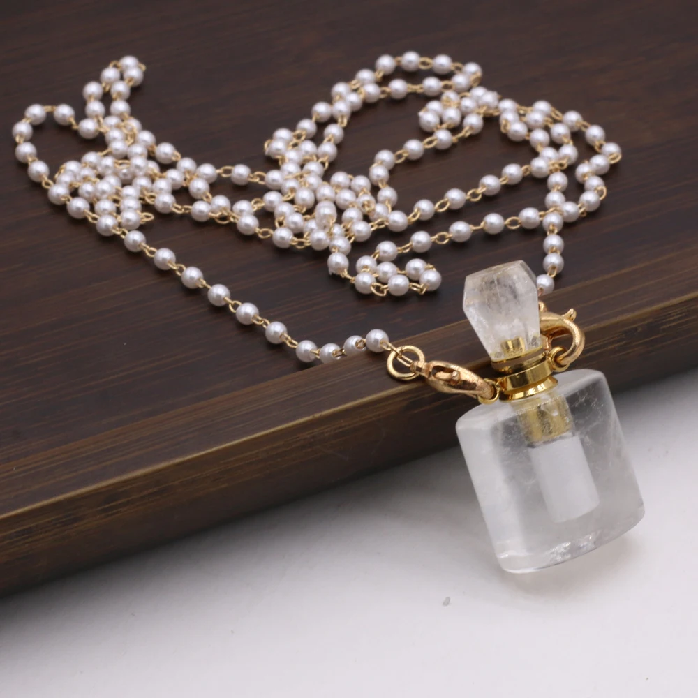 

Charm Pink Crystal Natural Semi-precious Stone Perfume Bottle Pendant Charm Free Freshwater Pearl Chain for DIY Jewelry Making