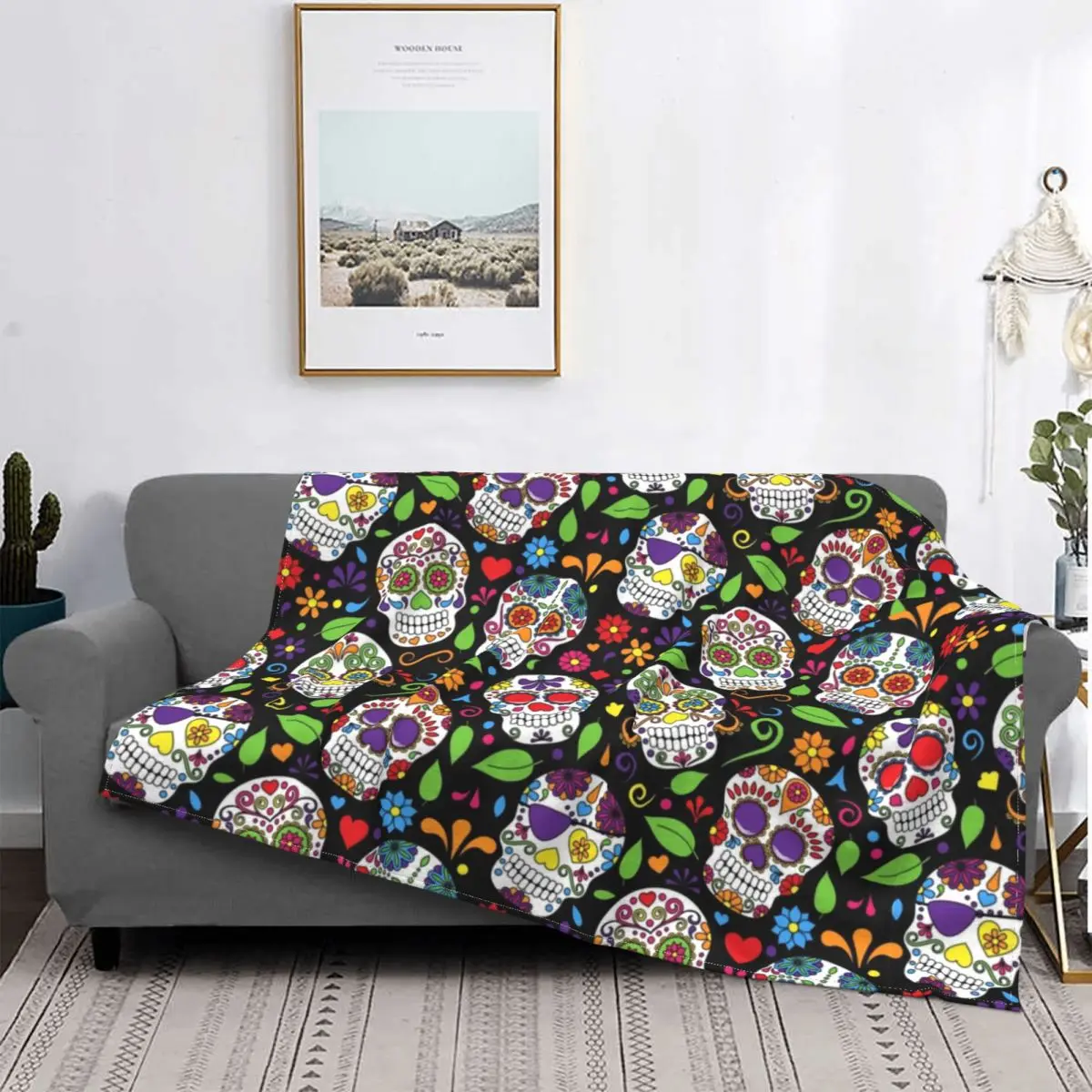 

Sugar Skull With Butterflies And Flowers Blanket for Sofa Bedroom Bedspread Soft Fleece Flannel Day of the Dead Throw Blankets