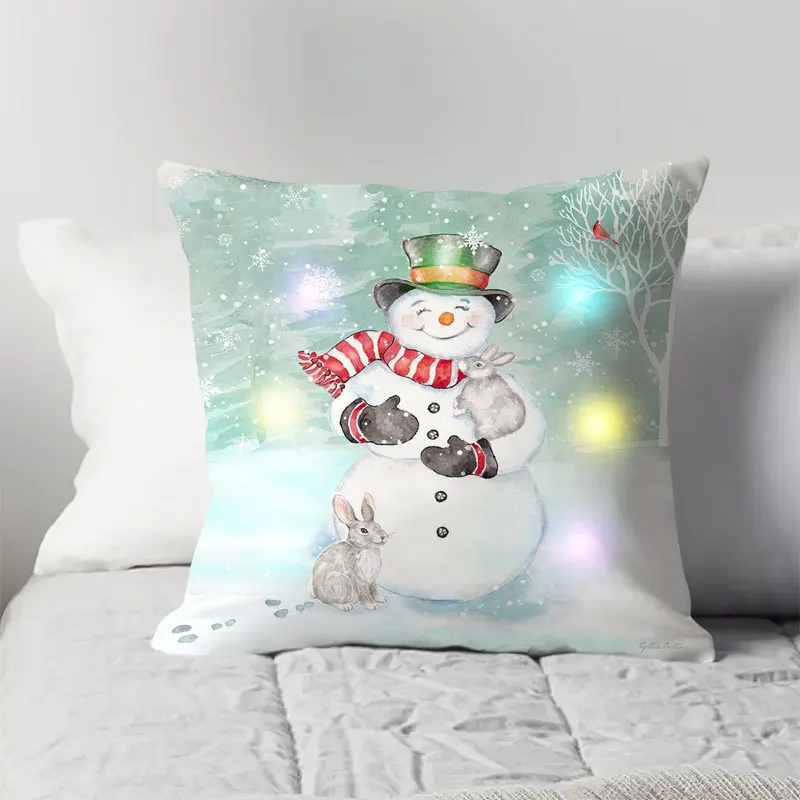 

Bedroom Living Room Sofa Home Decor LED Light Cushion Cover Christmas Decoration Snowman Decoration