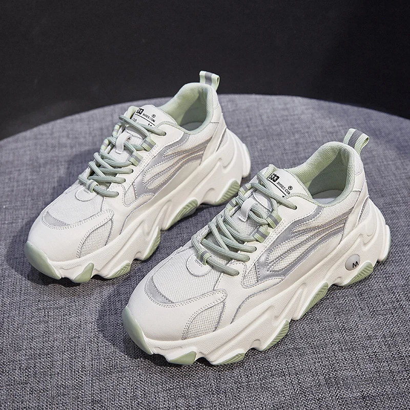 

2022 Woman Top Quality Chunky Sneakers Casual Fashion Ladies Dad Shoes Thick Bottom Walking Comfortable Breathable White Mesh