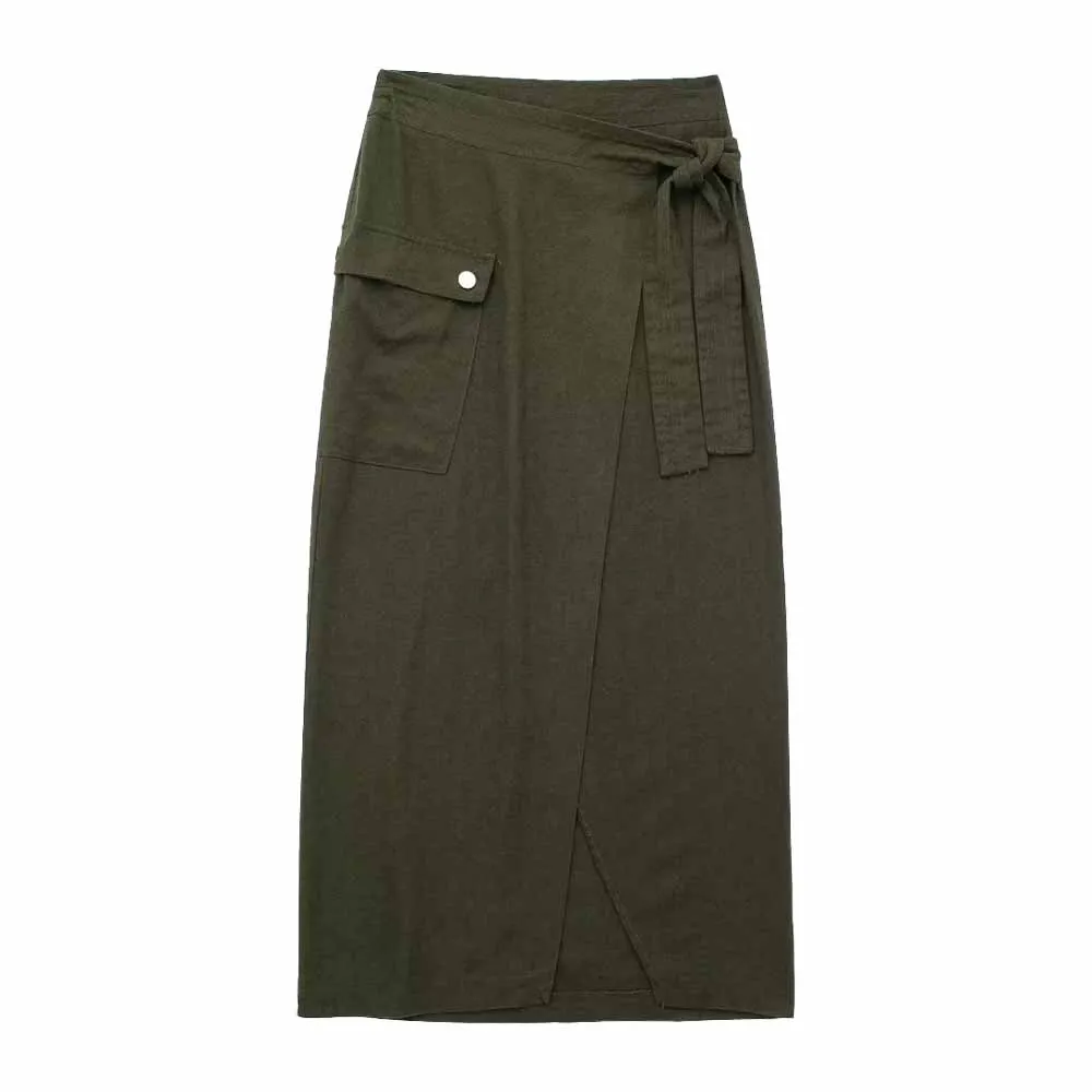 

TRAF WOMEN 2023 Spring Chic New Linen-Blend Midi Sarong Skirt Design Pocket Decorated Retro Female High Rise Skirt Mujer 4687065