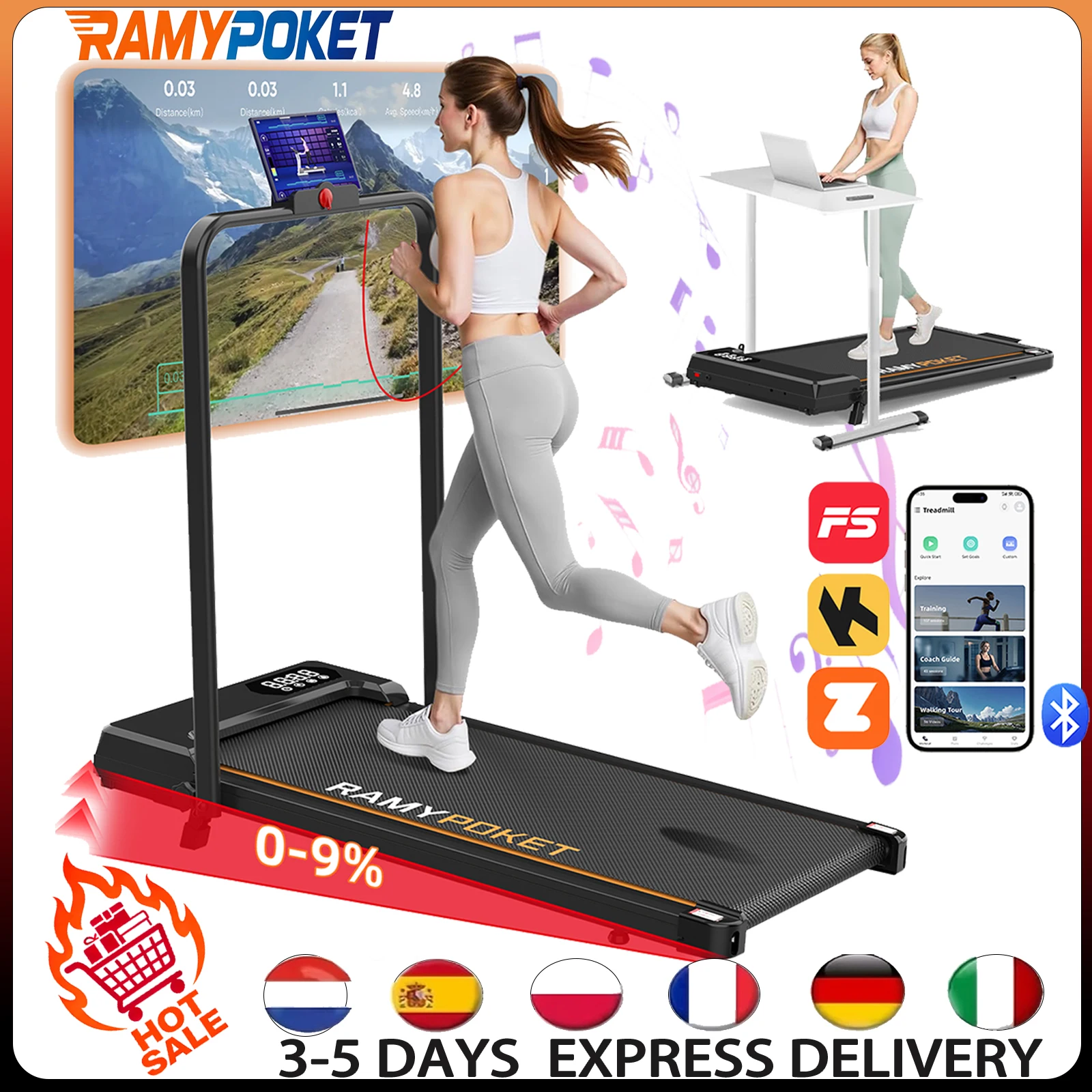 Cinta de correr RAMYPOKET 2,5 HP, inclinación 9 %, velocidad 1‑10 km/h, app