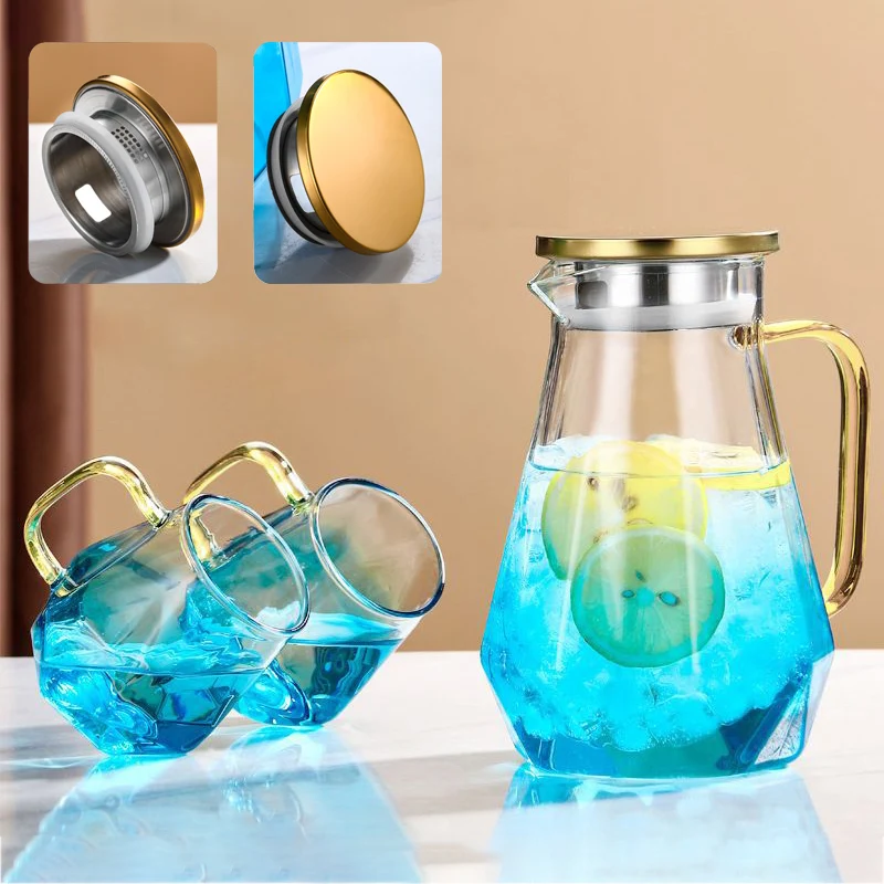 

1.3L Heat-Resistant Glass Cold Kettle Iced Tea Hot/Cold Water Jug,Juice and Iced Tea Beverage Carafe Water Bottle Teapot Set