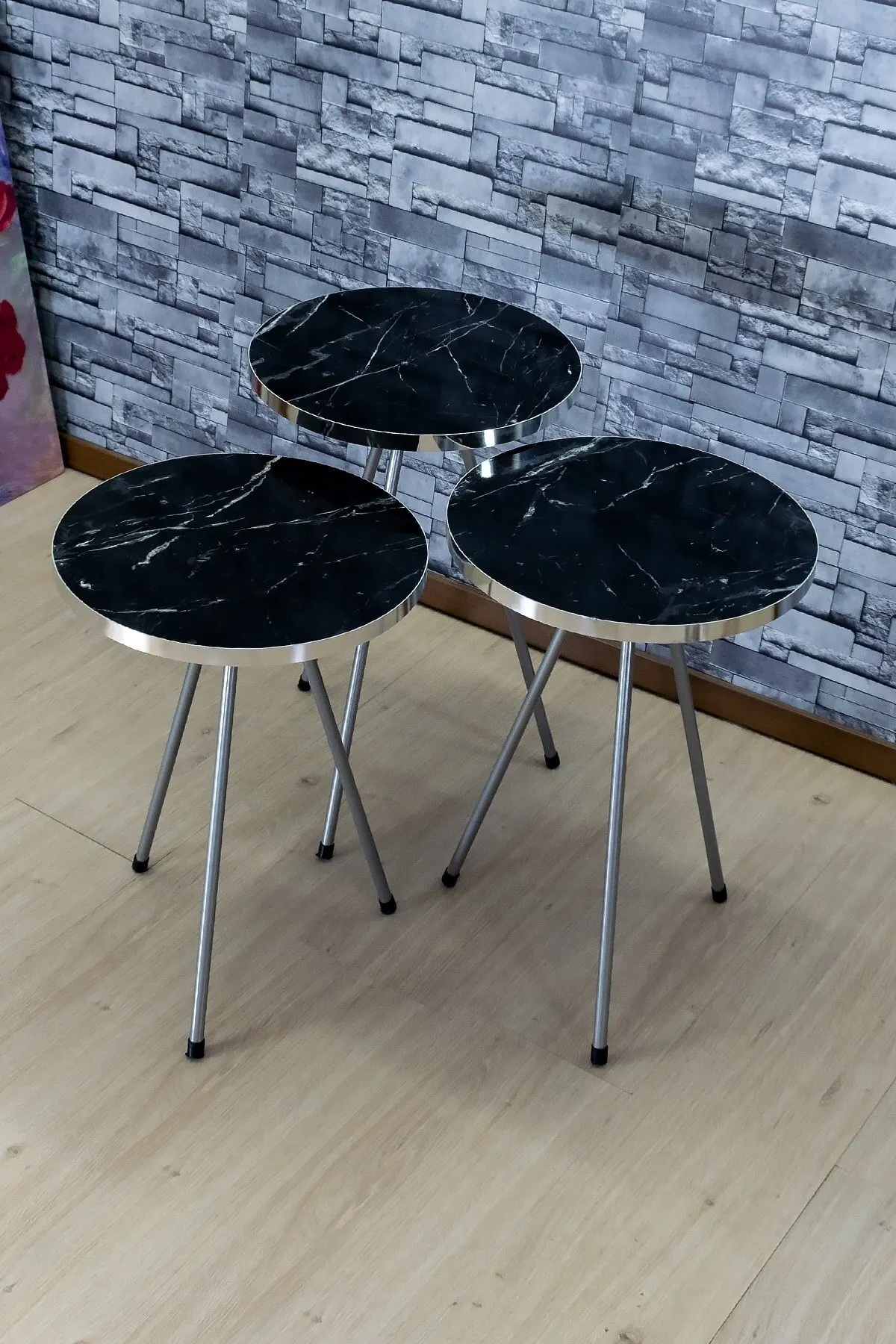 

Modern Nelling Table 3 Pieces Silver Color Metal Leg De Mounted Side Table Tea Coffee Service Table Round Living Room Bedside Ta