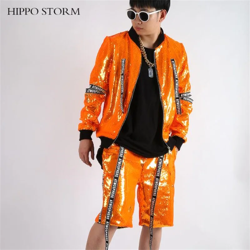 Shiny orange mens sequin stage jacket patchwork short coats Hip Hop Bar costume clothes singer dance