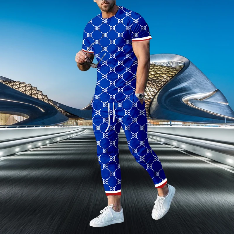 2023 Luxury Casual Men’s Tracksuit 2 Piece Set 3D Printed Summer Oversized Short Sleeve T-Shirt+LOng Pants Street Clothing