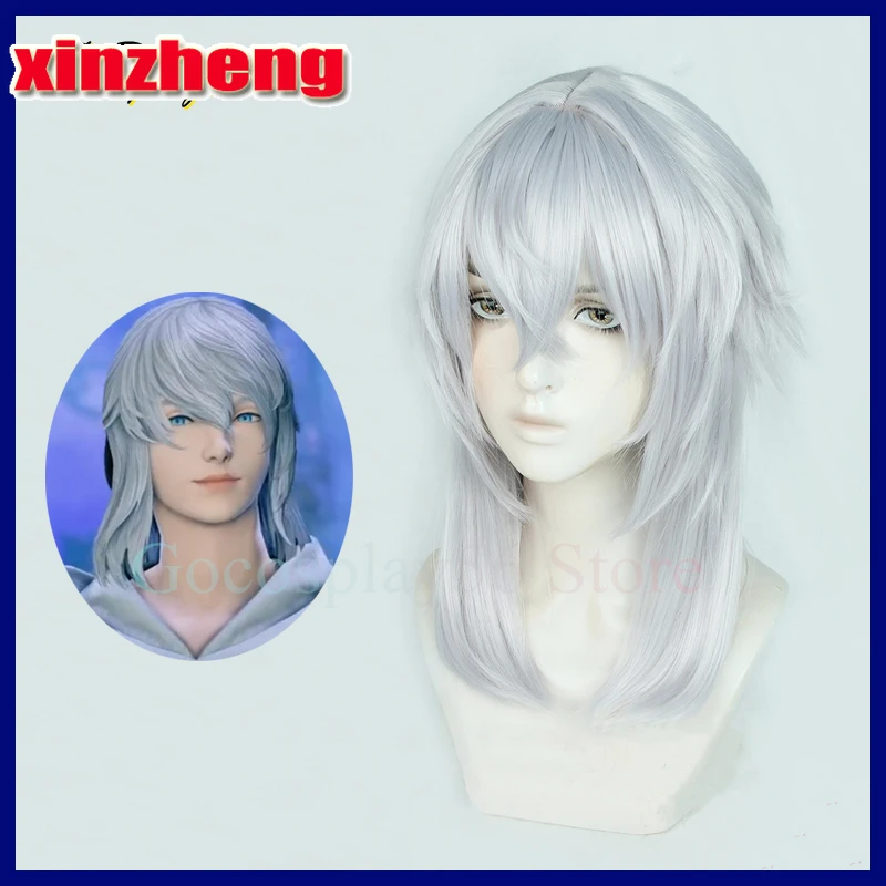 

FF14 Themis Cosplay Wig Final Fantasy XIV Long Silver Gray Synthetic Hair Scalp Grey Heat Resistant Halloween Role Play
