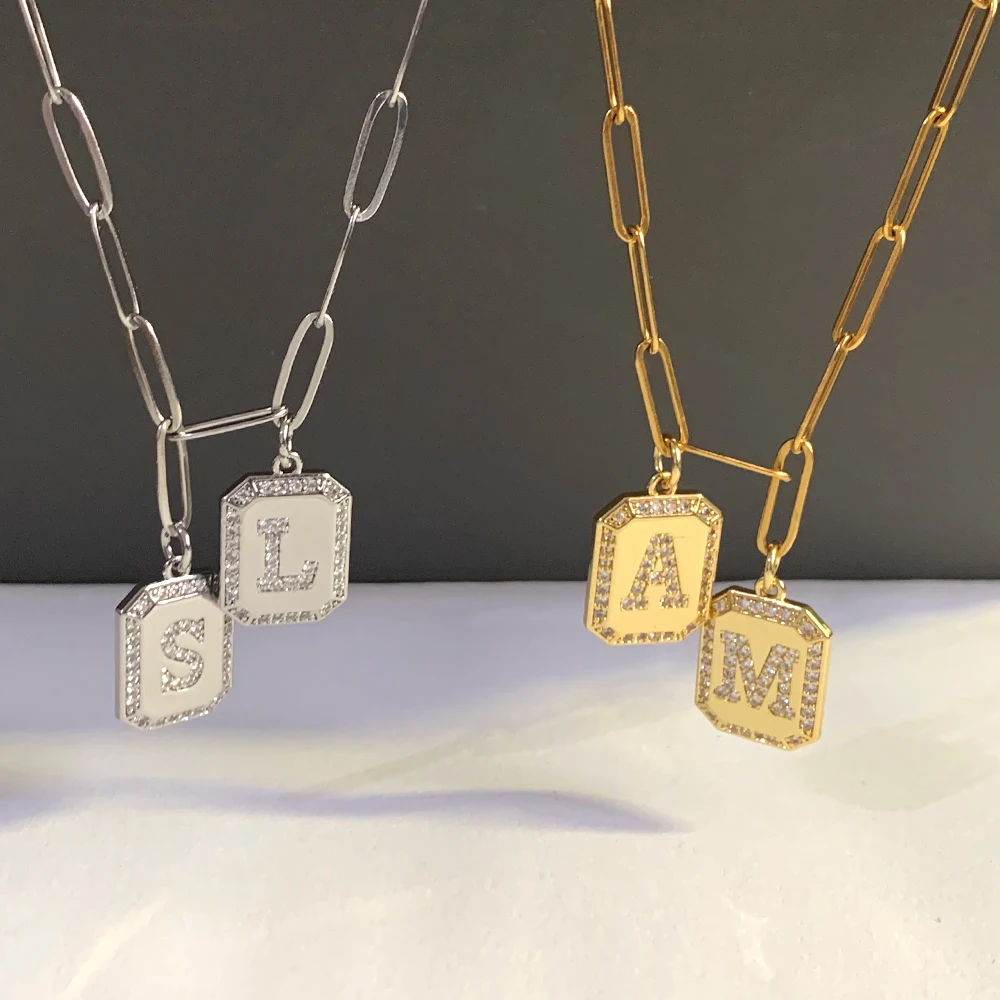

DIY Customize Letters Geometric Pendant Necklace Women Men Trendy Zircon Carved Alphabet Charm Steel Chain Choker Making Jewelry