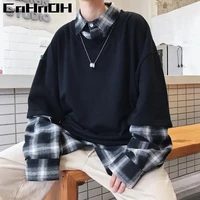 cnhnoh spring couple loose fake two piece shirt collar sweater trendy male personality pullover jacket trend