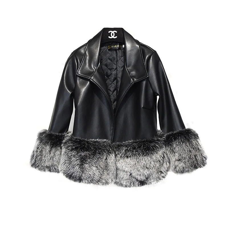 Famale 2021 Winter Elegant PU Leather Coats Women Autumn Loose Long Sleeve Turn-down Collar Patchwork Artificial Fur Short Coat