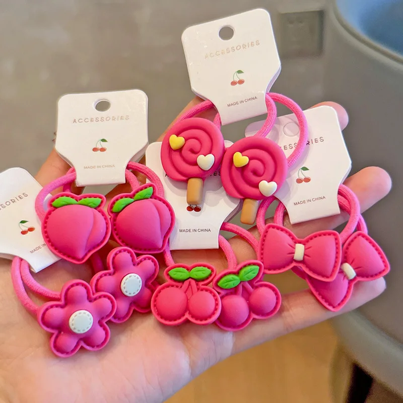 

2pcs Sweet Rose Red Flower Hair Ties for Girls Candy Fruit Cherry Peach Elastic Hair Bands Kids Gum Hair Scrunchies Accessories