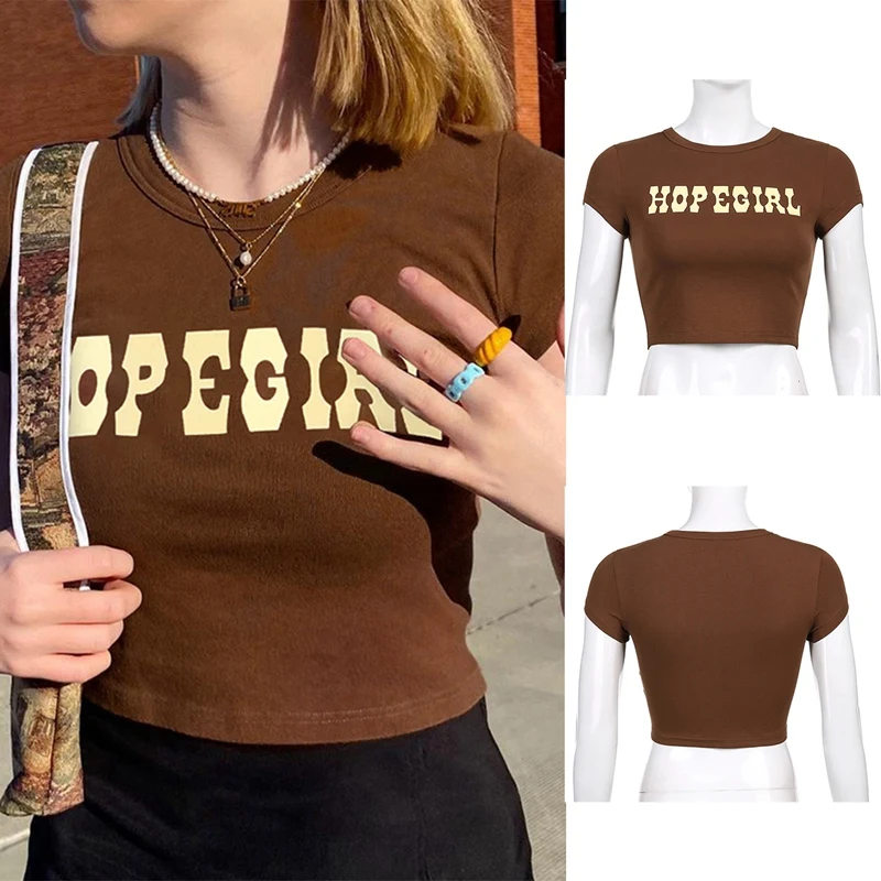

Brown Letter Print Short Sleeve Crop Top T Shirt Ladies Casual Basic T Shirt Women Skinny Streetwear Summer