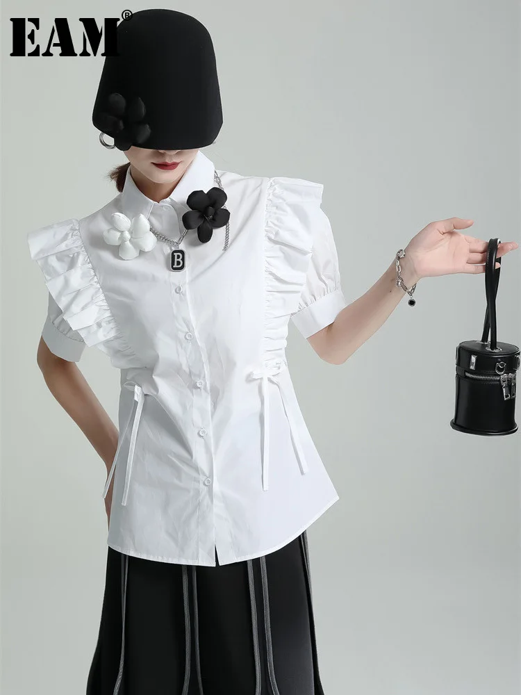 

[EAM] Women White Ruffles Flower Vintage Blouse New Lapel Short Sleeve Loose Fit Shirt Fashion Tide Spring Summer 2022 1DE7549