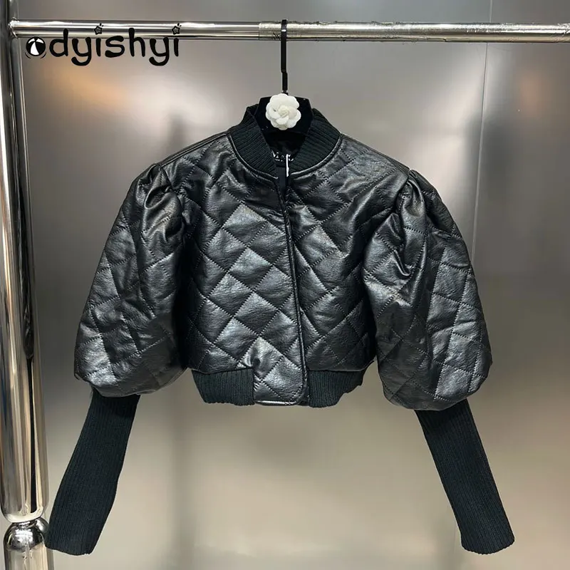 

Fashion PU Leather Jacket Autumn Winter Women Cotton Coat Stand Collar Screw Thread Puffed Sleeve Prismatic Plaid Short Jackets