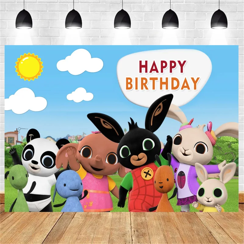 

Cartoon Panda Rabbit Elephant Blue Sky Clouds Background Child Birthday Party Photo Decor Photography Studio Backdrop Poster