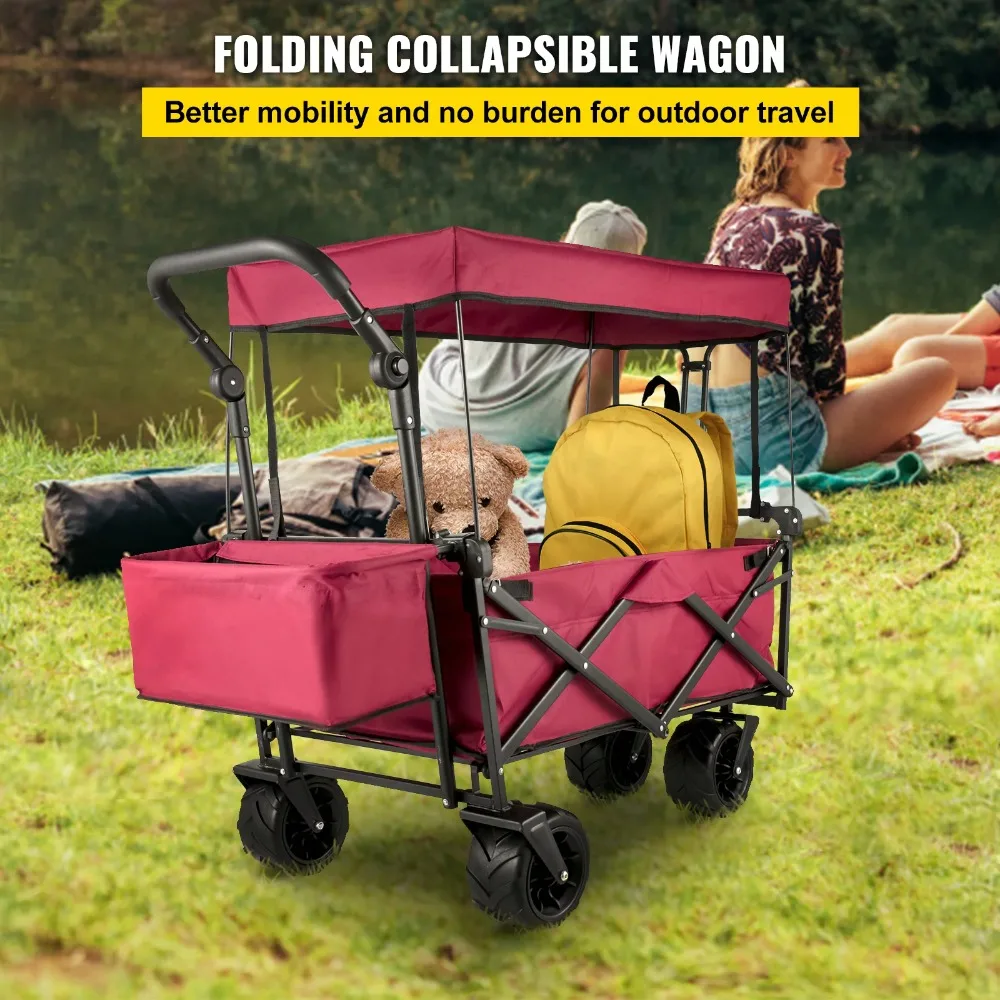 Collapsible Wagon Cart Red, Foldable Wagon Cart Removable Canopy 601D Oxford Cloth, Collapsible Wagon Oversized Wheels,