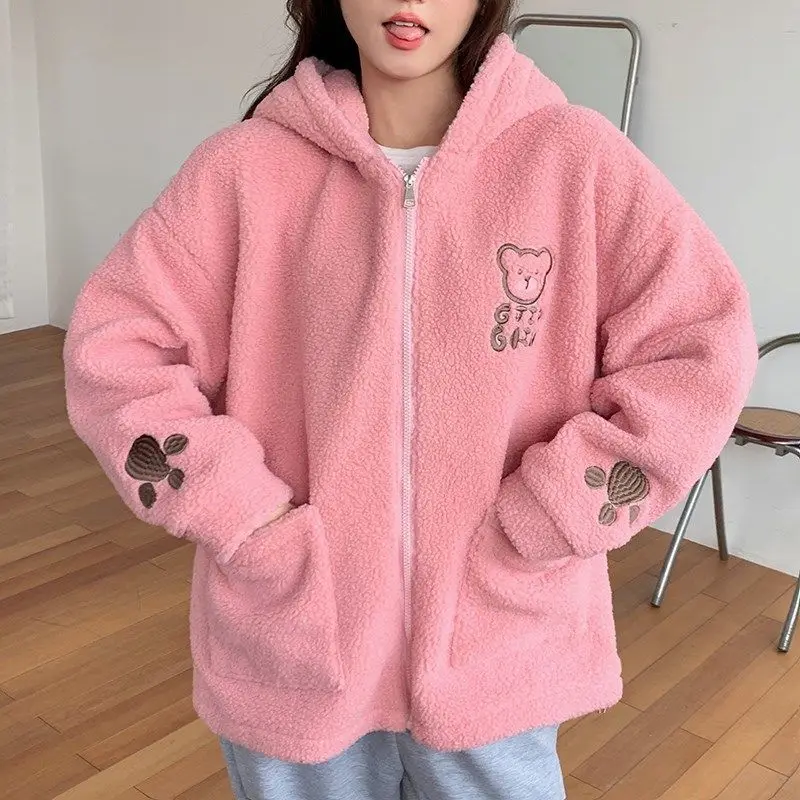 

Kawaii Imitation Lamb Plush Bear Embroidery Zip Up Harajuku Oversized Plus Velvet Thick Long Sleeve Hoodie Women Clothing 2021