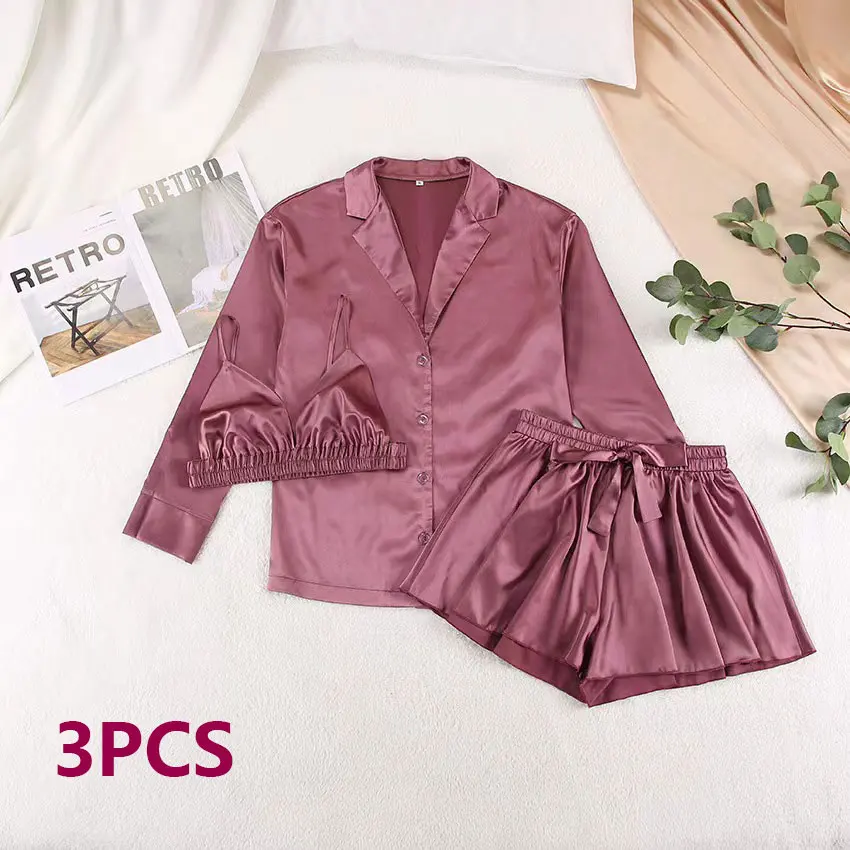 

Room wear Home suit Women's Pajamas shein 3-Piece Sleepwear Homewear Sexy Collocation Shorts Silk Briefs Underwear Casual Set