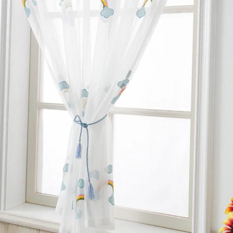 

Yaapeet Punch-Free Semi Sheer Curtains Velcro Self-Adhesive Voile Embroidery Rainbow Window Curtain Privacy Translucent Drape