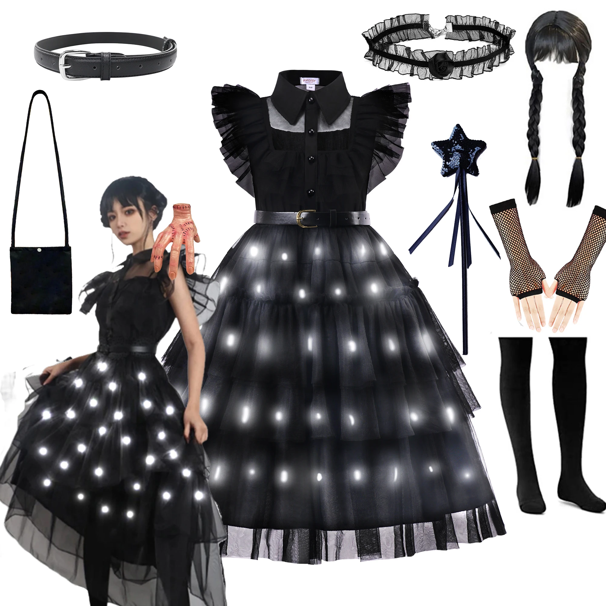 Wednesday Addams Led Light Up Clothes Girls Tulle Gown Carnival Halloween Costume Kids Party Disguise Princess Elegant Outfits