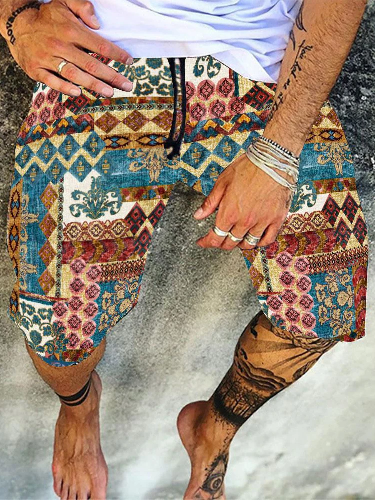 

Summer New Vintage Pattern Printed Shorts Men Casual Beach Shorts Drawstring Design Mid Waist Loose Short Pant Mens Fashion Pant