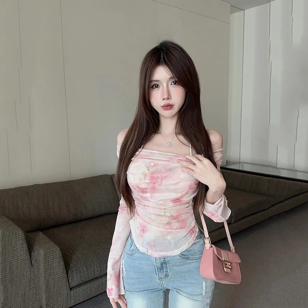 Женская милая Сетчатая футболка с принтом 2024 Привлекательная блузка для девушек