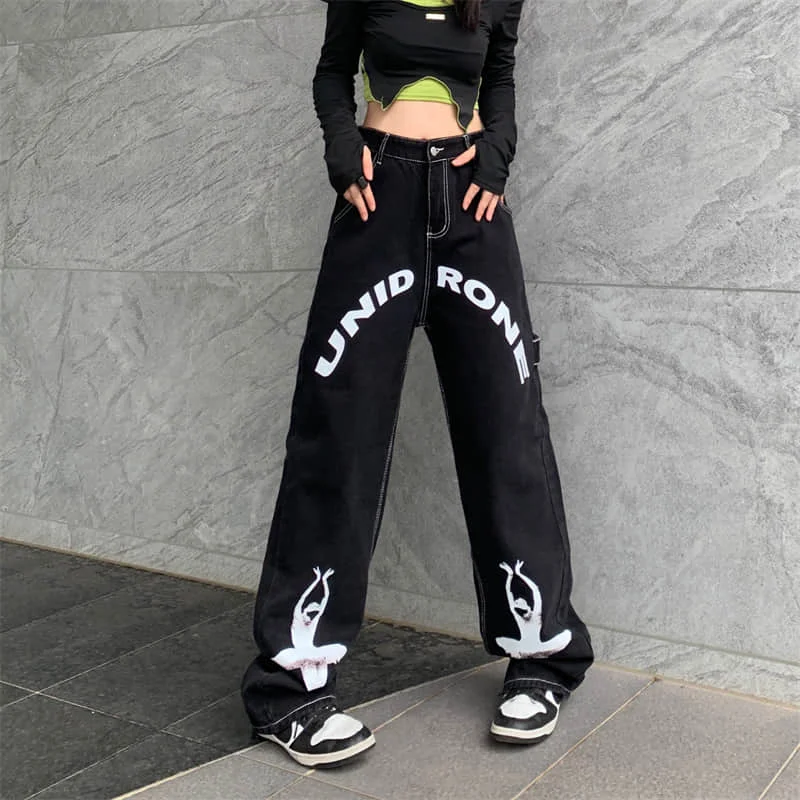 

Брюки iRabeeZT женские джинсовые в винтажном стиле, свободные прямые брюки с широкими штанинами, в стиле унисекс, с принтом букв, для танцев на о...