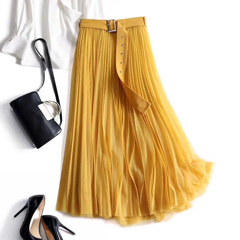 

Women Tulle Skirts Elastic High Waist Mesh Skirt Female Midi Pleated Skirt Ladies Tulle Vintage Summer Solid Color Skirt A61