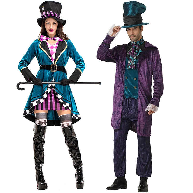 

Free Shipping Men Women Halloween Costume For Adult Alice In Wonderland Authentic Mad Hatter Costume Mens Madam Purim Cosplay