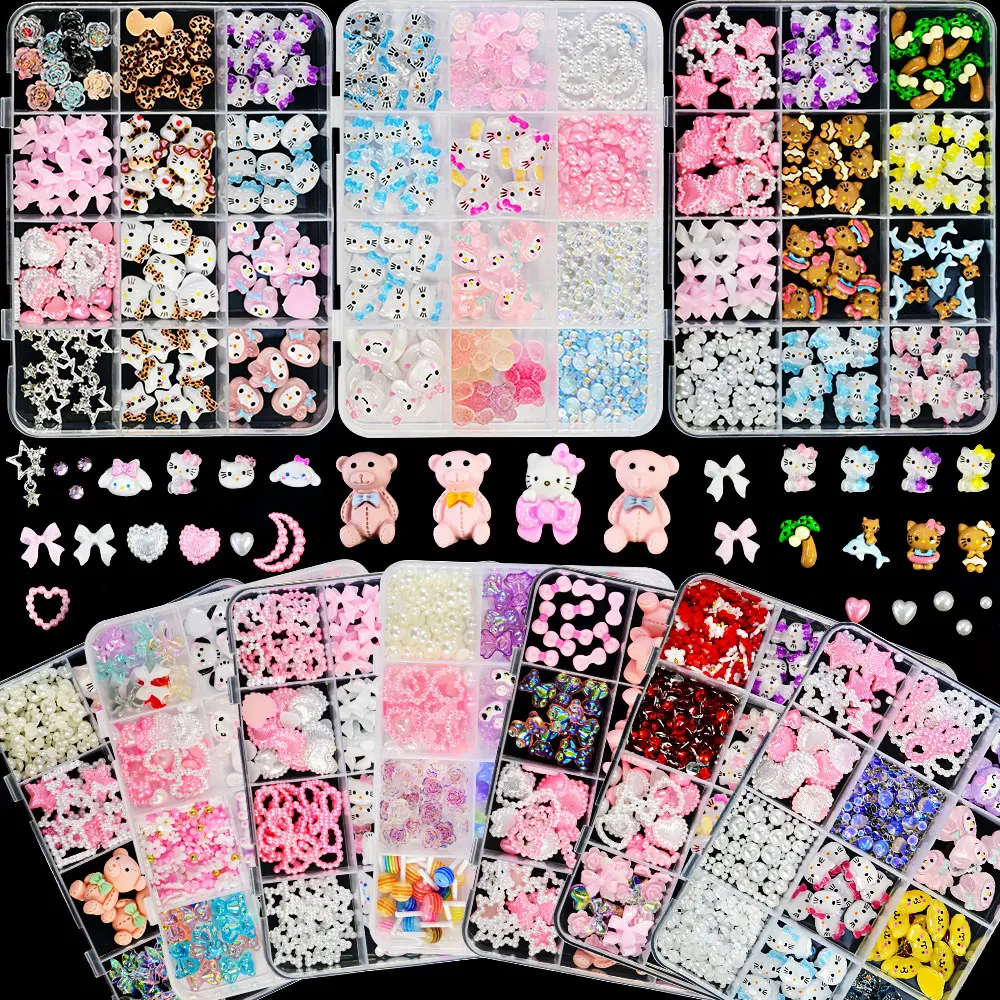 12 сеток/коробка Hello Kitty Design Подвески для ногтей Kuromi Комплект украшений с бантиками