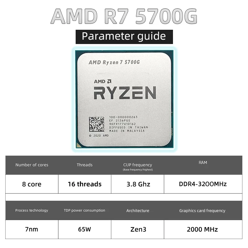 

R7 5700G 3.8GHz Eight-Core 16-Thread 65W CPU Processor L3=16M 100-000000263 Socket AM4 New and have fan