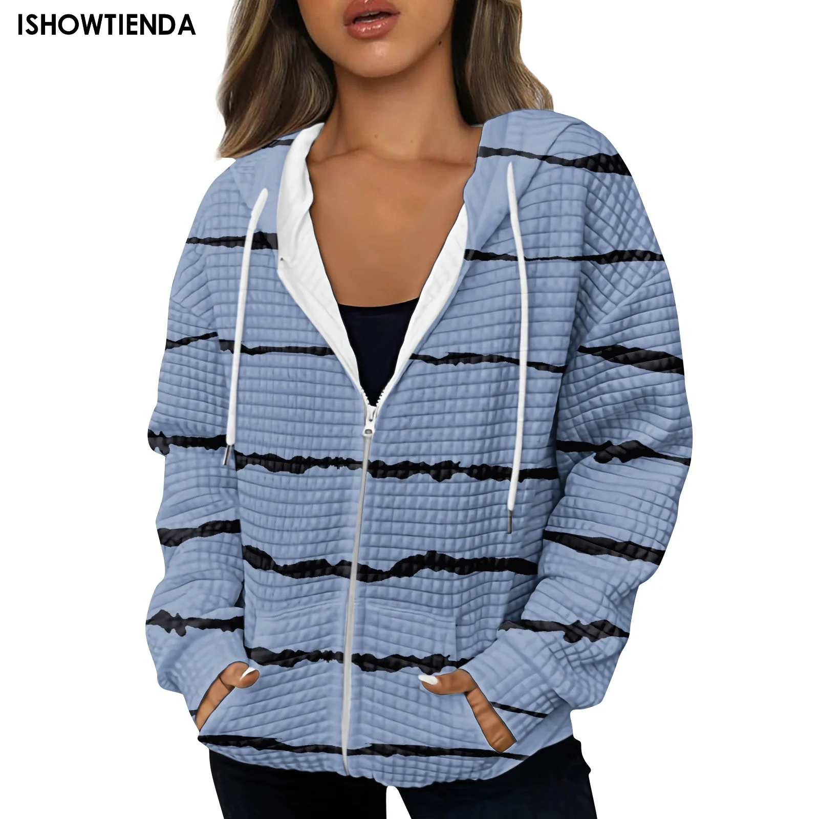 

Повседневная толстовка на молнии, женские теплые свитшоты в полоску, куртки с длинным рукавом и капюшоном на шнурке, спортивный костюм, женские осенние пальто
