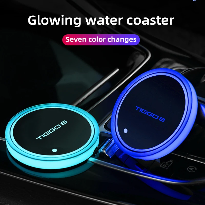 

For Chery TIGGO 8 Car Luminous Water Cup Coaster 7 Colorful Car Led Atmosphere Light Car logo Cupmat Ambience lights accessories