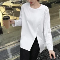 100 cotton white long sleeve bottoming t shirt womens spring casual loose long sleeve split large t shirt female home top tee