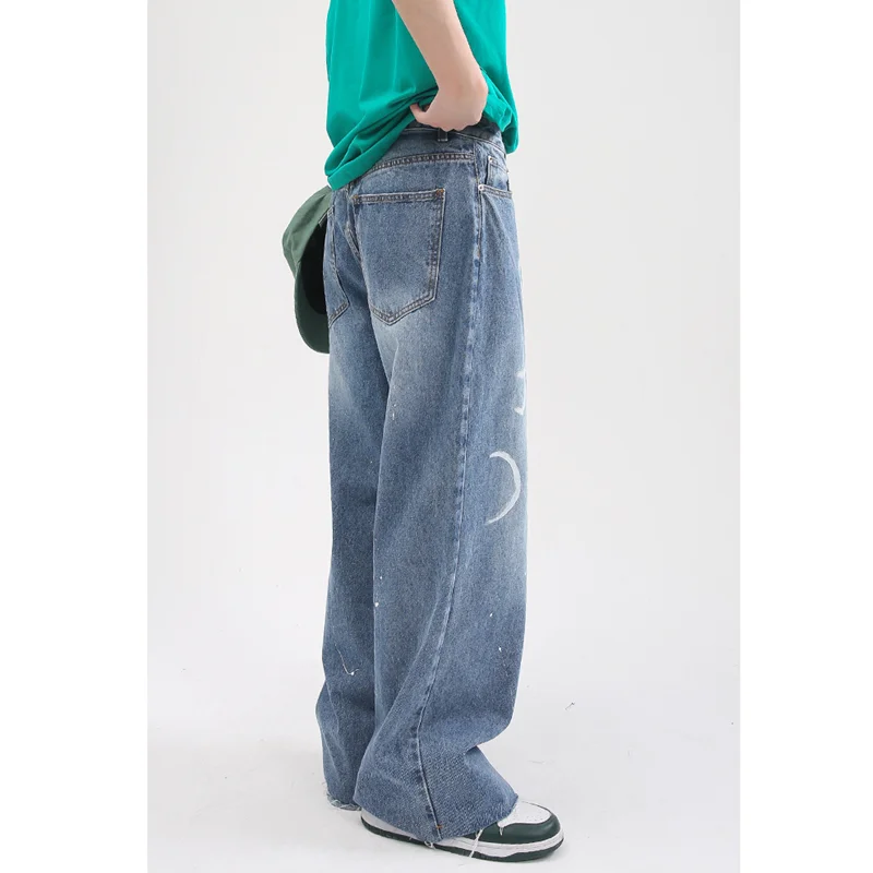 Streetwear Men 2022 Fashion New Pattern Vintage Recreational Blue Jeans Loose Straight Cylinder Broad Leg Trousers Autumn Female