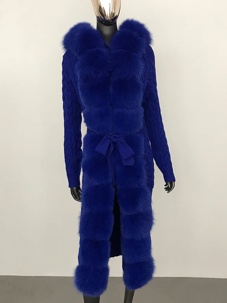 Кардиган женский вязаный со съемным натуральным лисьим мехом на шнуровке