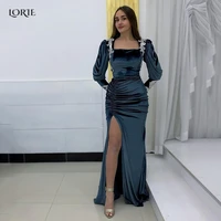 lorie elegant side slit formal evening dresses beadings lace sauqre collar prom party gowns pleat saudi arabia cocktail dress
