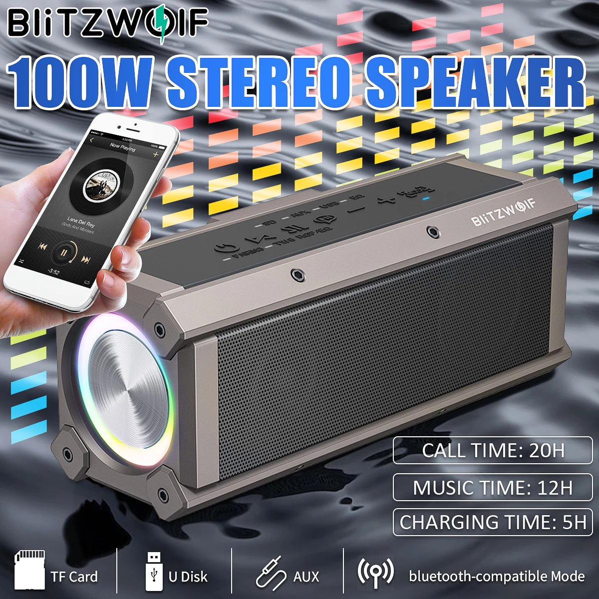 Фото BlitzWolf BW-WA3 100 Вт Bluetooth-динамик Четырехдрайверы Двойная диафрагма Глубокие басы RGB Light TWS 5000 мАч IPX5 Водонепроницаемые колонки №1