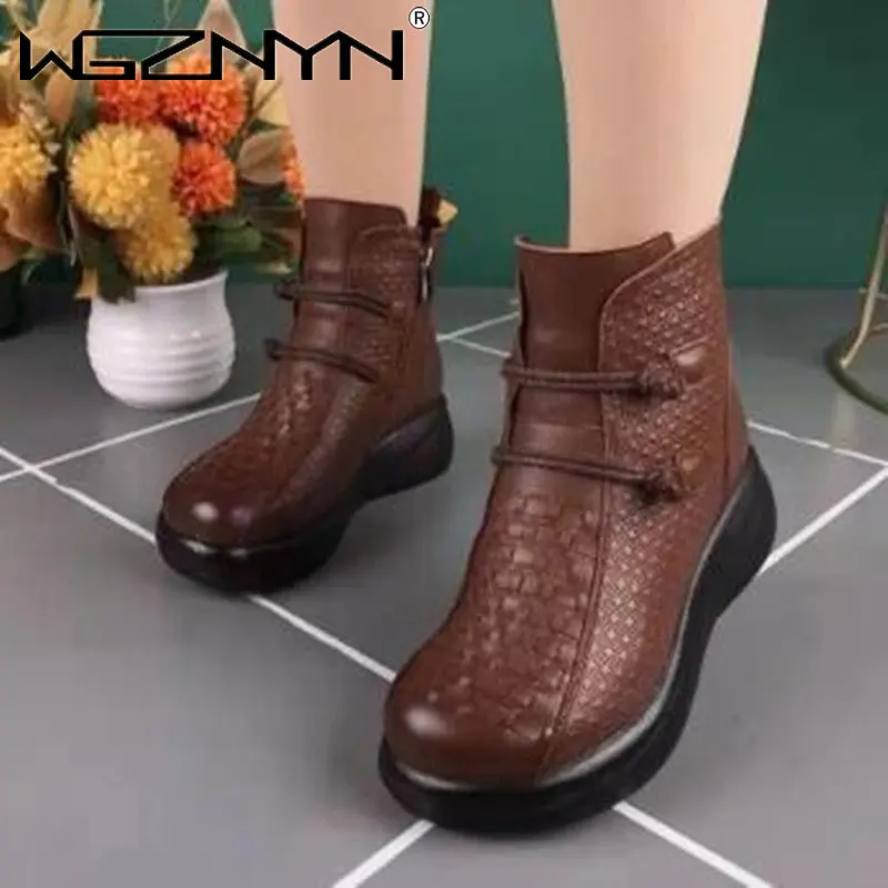 

Женские ботильоны на толстом каблуке, теплые ботинки из натуральной искусственной кожи, ботинки ручной работы в стиле ретро, с молнией сбок...