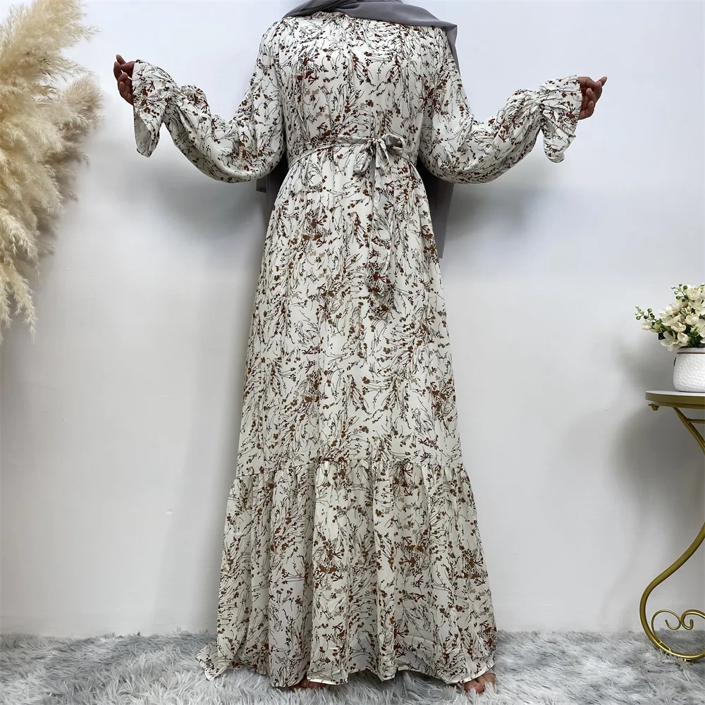 Spring 2023 New Luscious Muslim Print Bell Sleeves Lined with Stylish Chiffon Dress Abayas for Women Muslim Dress