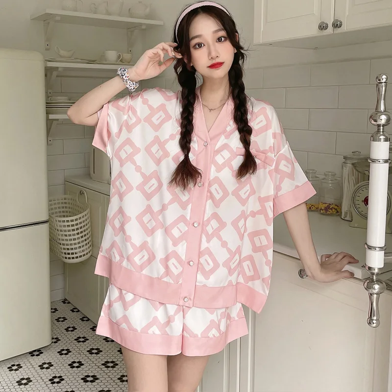 

Летний женский пижамный комплект с коротким рукавом и шортами, Свободная Женская одежда для сна, однотонный домашний костюм из двух предмет...