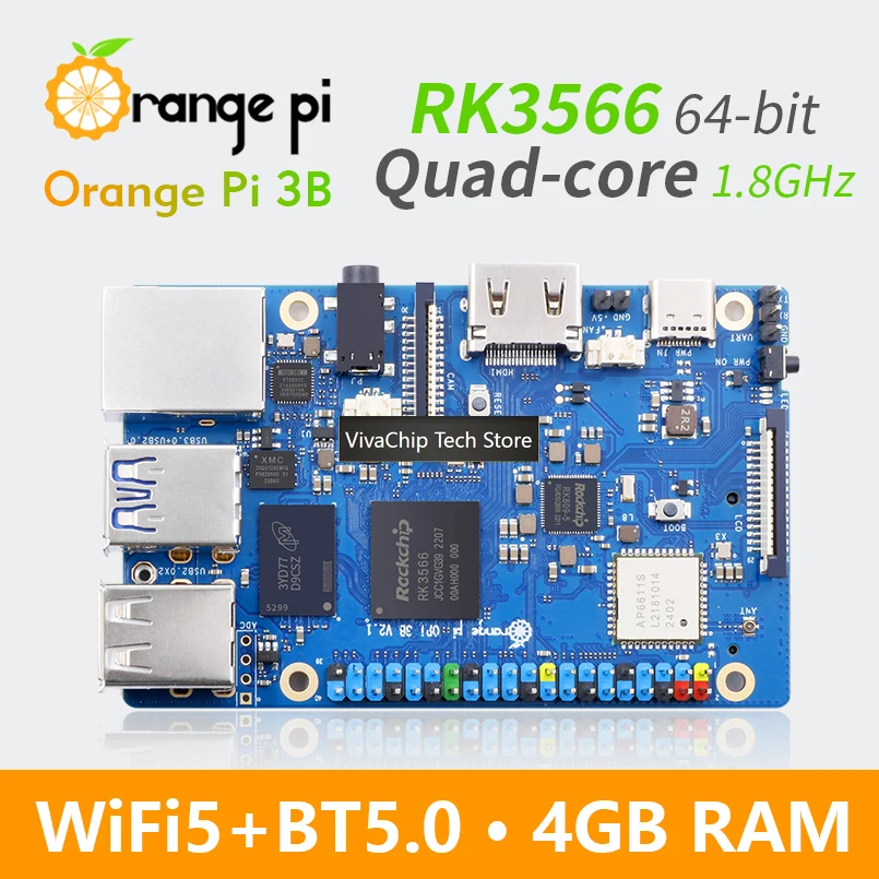 Фото Модуль VivaChip TechOrange Pi 3B 4GB+64G EMMC, мини-ПК Rockchip RK3566, четырехъядерный процессор, Wi-Fi+BLE, Gigabit, для Android и Linux OS, SBC, одноплатный компьютер №3